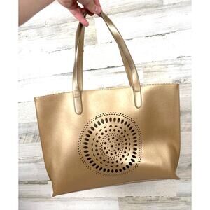 Neiman Marcus Womens Gold Boho Cutout Medallion Large Tote Beach Resort Bag